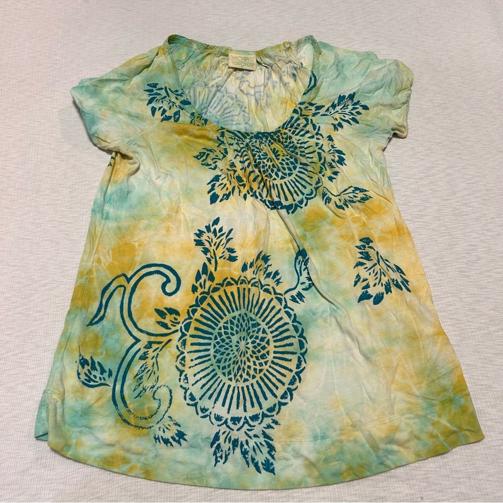 Vintage‎ Lucky Brand Yellow Green Tie Dye Tee Size Medium M Boho